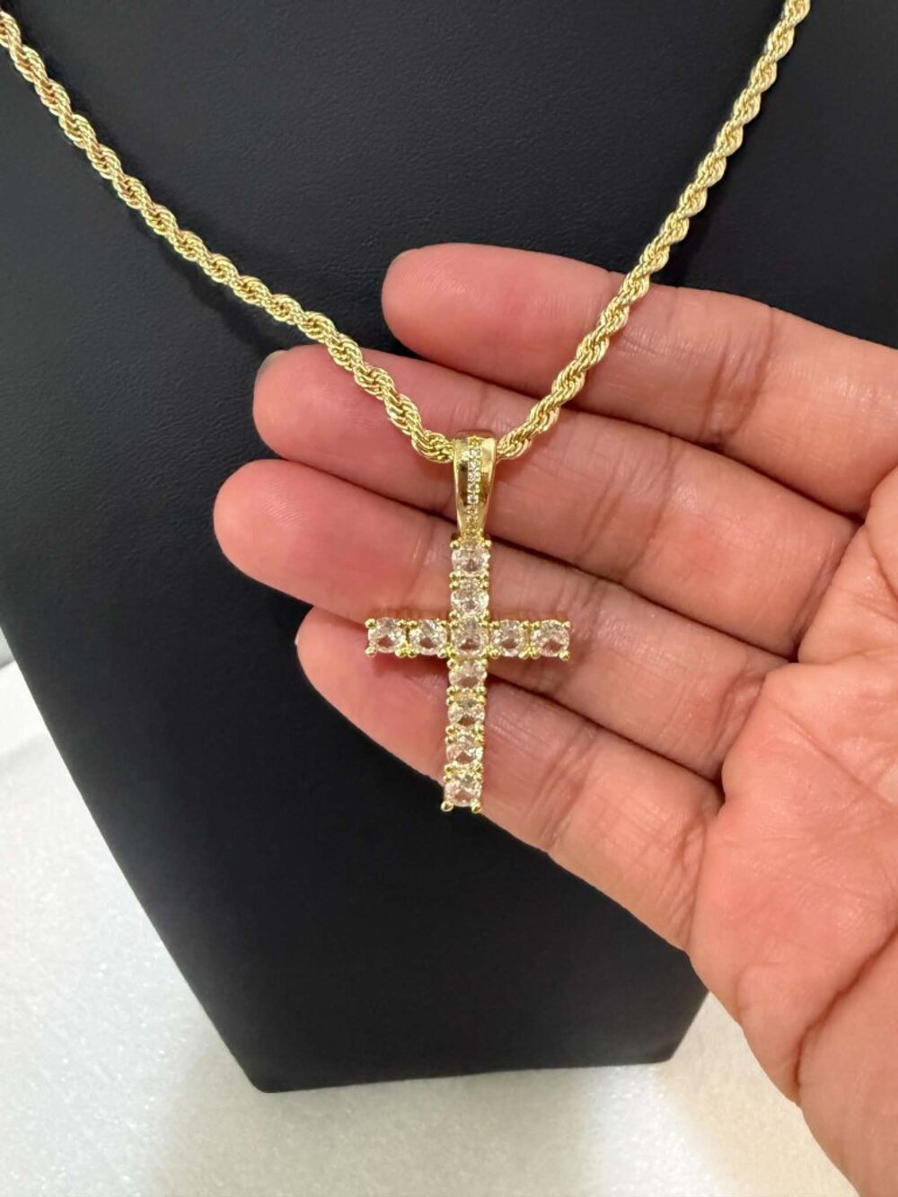 Tennis Style CZ Cross Pendant Necklace 24" Rope Chain Gold Silver Men Women - Picture 3 of 6